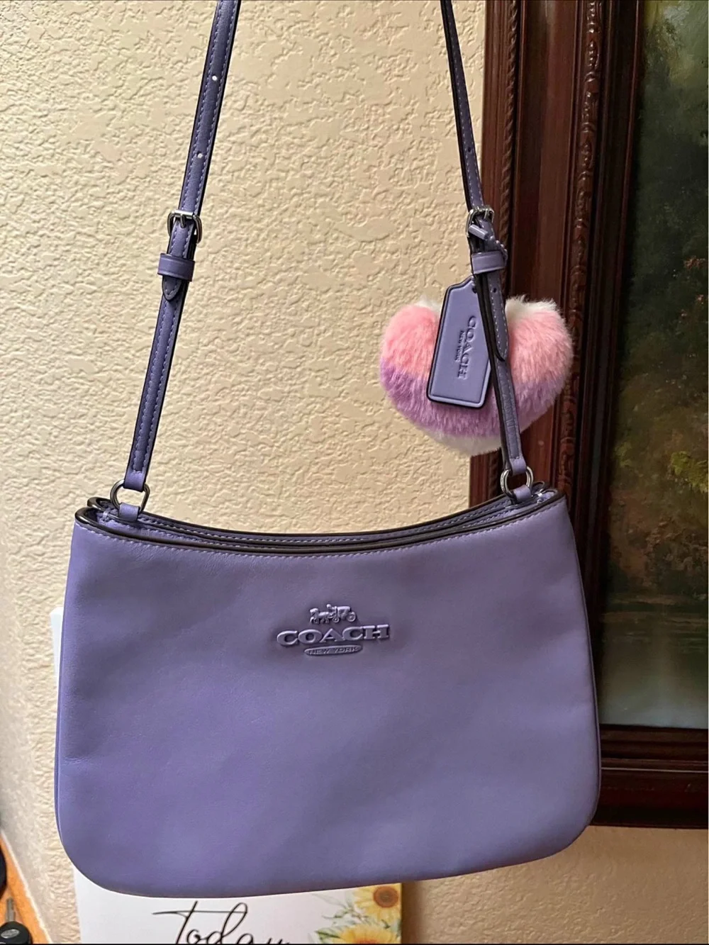 Coach Lavender Leather Crossbody with Heart Pom Charm